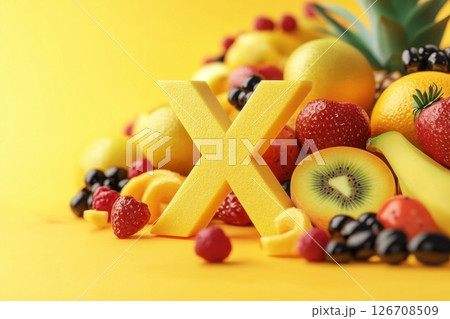 A large pile of fruit, including bananas, kiwis, oranges, and strawberries 126708509