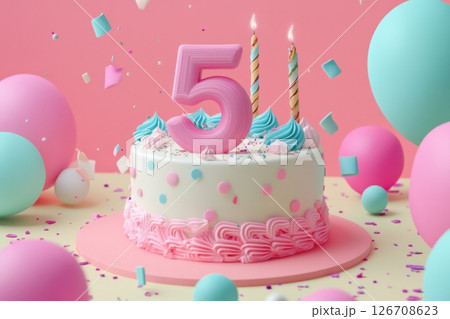 A birthday cake with pink frosting and blue sprinkles on top 126708623