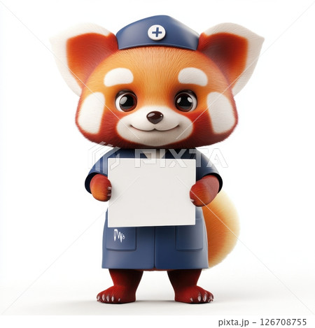 A cartoon red panda wearing a white lab coat holding a white clipboard 126708755