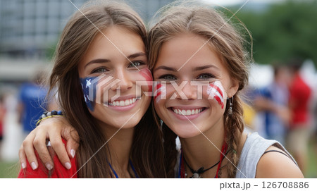 Two girls with faces painted in the colors of the American flag. Election Day in the USA. America Day. Festive Mood on President's Day 126708886
