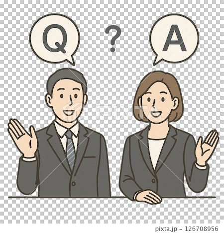 身穿西裝的男性和女性角色回答問答，插圖為商務人士提問和回答問題，舉手解釋 126708956