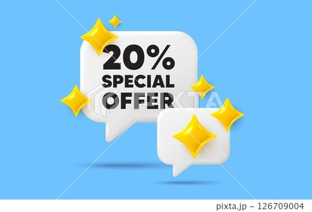Discount chat speech bubble. Social media concept. 20 percent discount offer tag. Sale price promo sign. Special offer symbol. 3d sparkles chat bubble. Vector Discount chat speech bubble. Social media concept. 20 percent discount offer tag. Sale price promo sign. Special offer symbol. 3d sparkles chat bubble. Vector 126709004