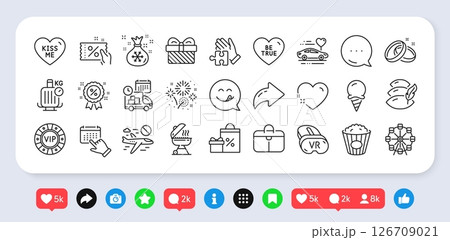 Ice cream, Grill and Puzzle line icons pack. Social media: share, comment, like icons. Wedding rings, Be true, Event click web icon. Honeymoon travel, Delivery, Shopping pictogram. Vector Ice cream, Grill and Puzzle line icons pack. Social media: share, comment, like icons. Wedding rings, Be true, Event click web icon. Honeymoon travel, Delivery, Shopping pictogram. Vector 126709021