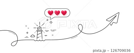 Lighthouse line icon. Continuous line with share plane. Beacon tower sign. Searchlight building symbol. Hearts rate review in speech bubble. Lighthouse single line ribbon. Loop curve pattern. Vector 126709036