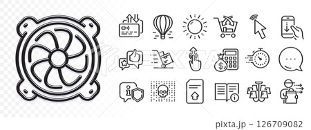 Cyber attack, Food delivery and Cross sell line icons for web app. Glare of light effect. Message icon. Pack of Sun energy, Computer fan, Like pictogram icons. Cursor, Air balloon, Card signs. Vector 126709082