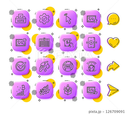 Parking garage, Petrol station and Vote box line icons. App 3d buttons. Social media comment, share, like icons. Pack of Augmented reality, Upload photo, Atm service icon. Vector 126709091