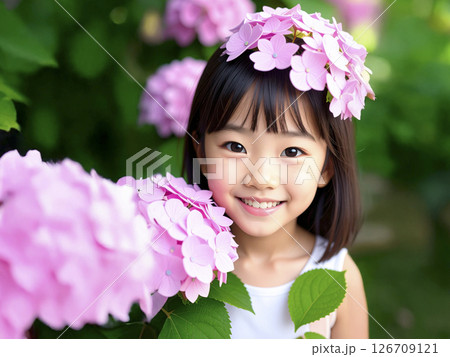 紫陽花と女の子　AI生成画像   126709121