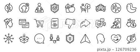 Mindfulness stress, Calendar and Shield line icons pack. Share, Message, Paper plane icons. Get box, Antistatic, Juice web icon. Special offer, Confirmed, Buyer pictogram. Vector 126709236