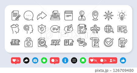 Copywriting book line icons. Social media: share, comment, like icons. Set of Signature, Copyright protection and Feedback icons. Typewriter, Idea and message copywriting. Vector 126709480