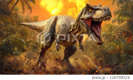 fierce dinosaur roaring in lush jungle during dramatic sunset fierce dinosaur roaring in lush jungle during dramatic sunset 126709528