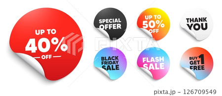 Discount tag red sticker tag. Special offer paper price tags. Up to 40 percent off sale. Discount offer price sign. Special offer symbol. Save 40 percentages. Discount, black friday sticker. Vector 126709549