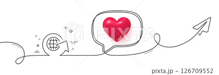 Global business line icon. Continuous line with share plane. Share arrow sign. World globe symbol. 3d heart in speech bubble. World globe single line ribbon. Loop curve pattern. Vector 126709552