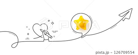 Donation organization line icon. Continuous line with share plane. Volunteer care sign. Health insurance symbol. 3d star in speech bubble. Social care single line ribbon. Loop curve pattern. Vector 126709554