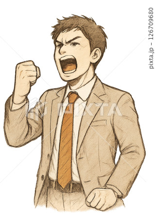 拳を振り上げて熱く叫ぶスーツ姿の男性、情熱を込めて訴えるビジネスマンのキャラクター、力強く決意を語る 126709680