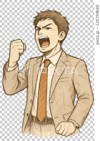 A man in a suit shouting passionately with his fist raised, a businessman character appealing with passion, speaking powerfully and with determination 126709680