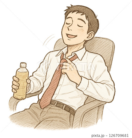 仕事終わりにネクタイを緩めて一息つく男性、リラックスした表情で飲み物を手に休憩するビジネスマン、頑張 126709681