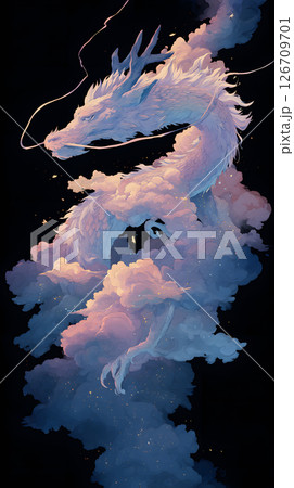 漆黒の宇宙に浮かぶ青い龍とカラフルな雲の神秘的イラスト 126709701
