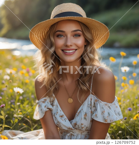 A young woman in a sunlit meadow near the river A young woman in a sunlit meadow near the river 126709752