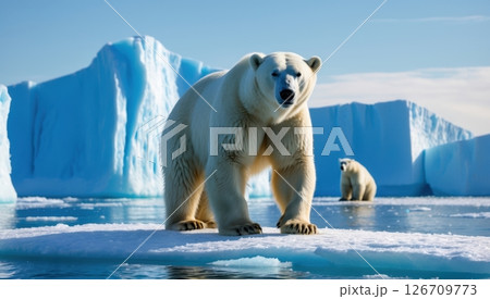 A polar bear standing on a snowy ice ridge 126709773