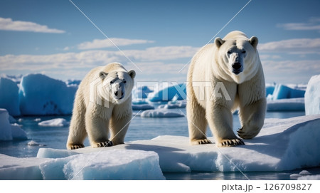 A polar bear standing on a snowy ice ridge 126709827