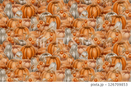 Autumn paved pattern of orange and gray pumpkins with branches of pisalis as symbols of fall harvest, pumpkin festival. Watercolor illustrations are hand drawn,pattern for kitchen textiles,packaging Autumn paved pattern of orange and gray pumpkins with branches of pisalis as symbols of fall harvest, pumpkin festival. Watercolor illustrations are hand drawn,pattern for kitchen textiles,packaging 126709853