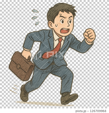 一位身穿西裝、全速奔跑的男性角色、一位匆忙出門的商人的插圖、一位為了避免遲到而拼命奔跑的社工 126709968
