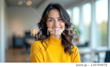 Confident Latin American businesswoman stands in modern office. Smiling woman looks directly at camera with arms crossed. Wears bright yellow shirt. Successful 126709978