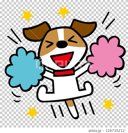 ジャックラッセルテリア犬キャラクター　ポンポンで応援ポーズ 126710212
