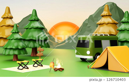 Camping experience with a vibrant sunset and cheerful van. 3D render illustration Camping experience with a vibrant sunset and cheerful van. 3D render illustration 126710403
