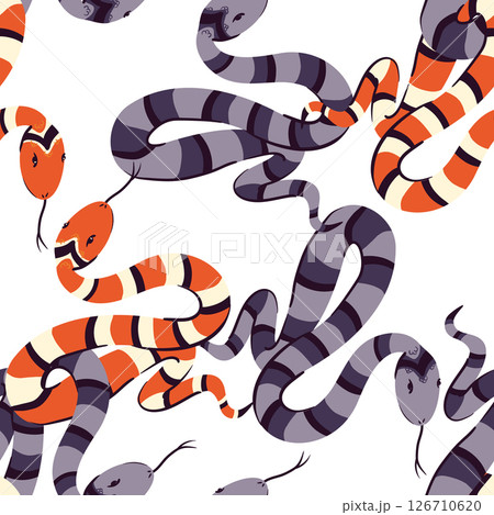 Vector background of snakes with intertwined tails. Seamless pattern for Halloween. Sign of witch magic, symbol of wisdom and knowledge. Ancient symbol of occultism, magic, infinity, mysticism. 126710620