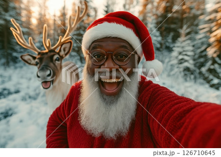 Happy Santa Claus taking selfie with reindeer in snowy forest. Cheerful holiday mood, traditional red costume, winter background, joyful expression. Perfect Christmas greeting scene. Banner 126710645