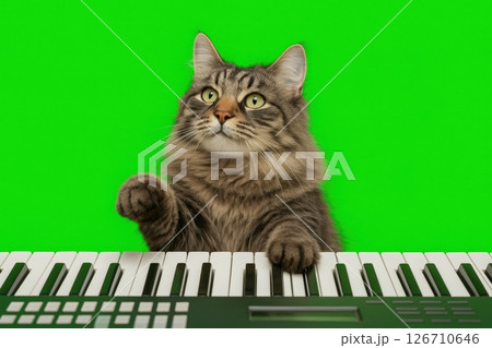 Funny cat playing synthesizer with green screen background. Cute fluffy pet touching piano keys with paws. Concept for meme, music, chroma key content and creative design. Banner. Copy space 126710646