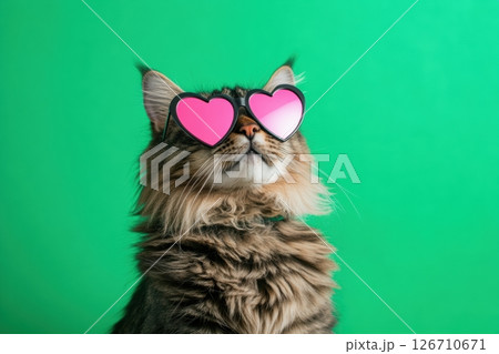 Close-up of fluffy cat in heart-shaped pink sunglasses on vibrant green background. Humorous concept. Bold colors. Fashionable pet moment. Quirky and playful vibe. Fun, pets, humor. Copy space 126710671