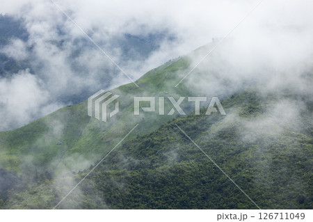 Landscape of Morning Mist with Mountain Layer. mountain ridge and clouds in rural jungle bush forest Landscape of Morning Mist with Mountain Layer. mountain ridge and clouds in rural jungle bush forest 126711049