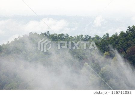 Landscape of Morning Mist with Mountain Layer. mountain ridge and clouds in rural jungle bush forest Landscape of Morning Mist with Mountain Layer. mountain ridge and clouds in rural jungle bush forest 126711082