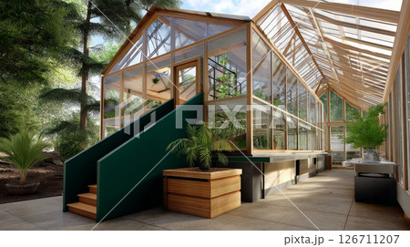 Greenhouse with composting area, sustainable architecture,Greenhouse with composting area, sustainable architecture. Recycling of waste, zero waste production, preservation of the ecology of the Earth Greenhouse with composting area, sustainable architecture,Greenhouse with composting area, sustainable architecture. Recycling of waste, zero waste production, preservation of the ecology of the Earth 126711207