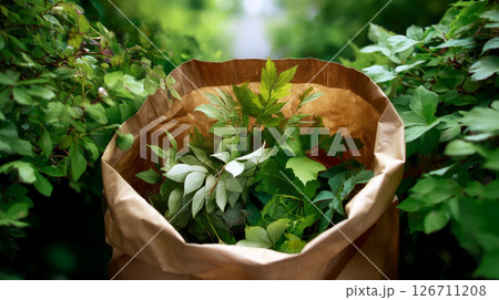 Green waste in a paper bag, bio-waste collection concept. Green waste in a paper bag, bio-waste collection concept. Recycling of waste, zero waste production, preservation of the ecology of the Earth Green waste in a paper bag, bio-waste collection concept. Green waste in a paper bag, bio-waste collection concept. Recycling of waste, zero waste production, preservation of the ecology of the Earth 126711208