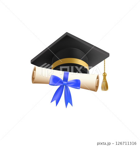 3d diploma scroll with graduate hat. Vintage roll paper 126711316