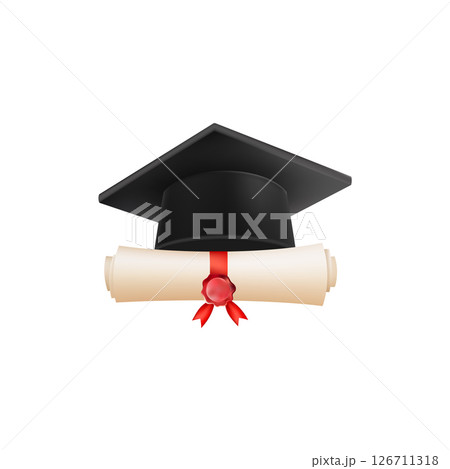 3d diploma scroll with graduate hat. Vintage roll paper 126711318