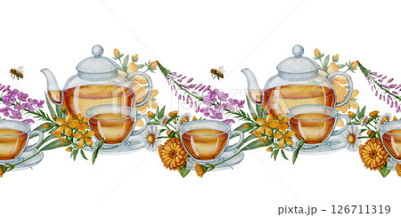 Watercolor herbal tea and chamomile border with calendula and bees 126711319