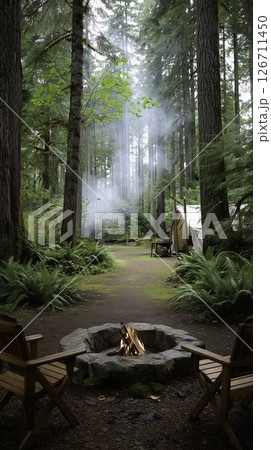 A rustic firepit with soft smoke rising at dawn in a forest glamping setup. Warm and tranquil ambiance 126711450