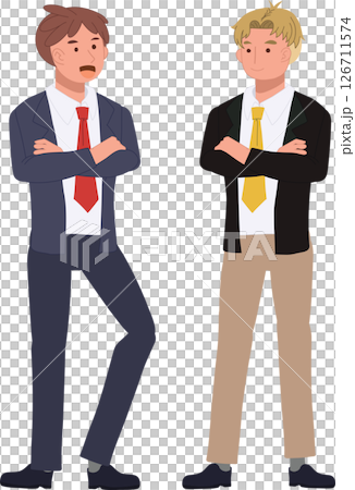 professional businessman conversation. two male businessmen in formal suits casually talking during office hours 126711574