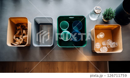 Household waste split between trash, recycle and compost, trash cans made of plastic, public trash cans, there are instructions for sorting waste. Recycling of waste, zero waste production, 126711759