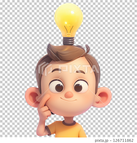 AI-generated item. 3d cartoon boy with idea lightbulb on transparent background. AI-generated item. 3d cartoon boy with idea lightbulb on transparent background. 126711862