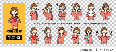 向量插圖集的女性辦公室職員的各種姿勢_Line editable_Color_4/4 向量插圖集的女性辦公室職員的各種姿勢_Line editable_Color_4/4 126711932