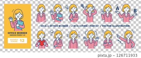 Vector illustration set of female office workers in various poses_Line editing possible_1/4 126711933