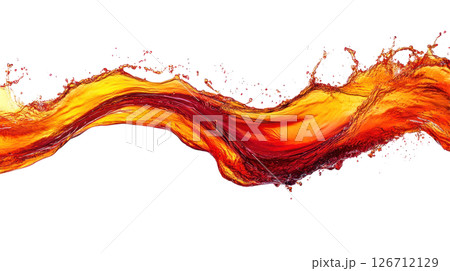 Dynamic stream of orange and red liquid splashes across a white background Dynamic stream of orange and red liquid splashes across a white background 126712129