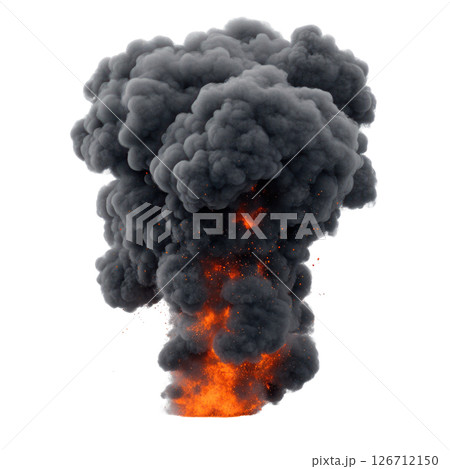 Large explosion creating a dramatic cloud of smoke and fire isolated on a white background 126712150