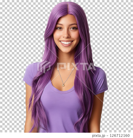 Purple long wig worn by woman in casual purple top with a bright smile and flowing hair indoors 126712160