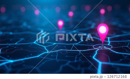 Digital map shows ai tech pins on delivery routes. Future transport logistics displayed. Modern tech, eco concepts combine. Networked urban tech design. Pinpoint precise location. Routes for smart 126712168